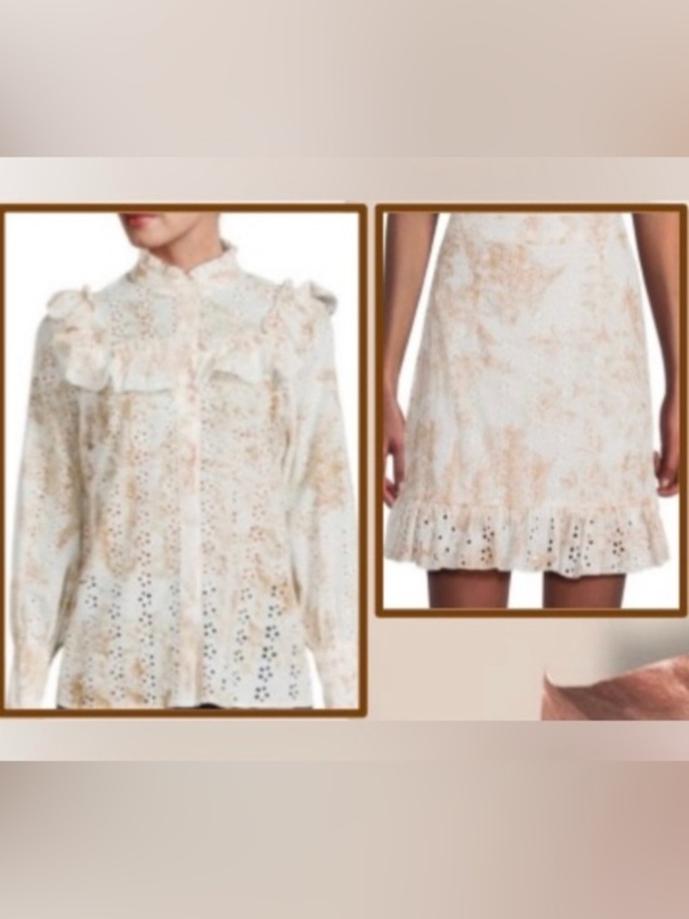 Floral Eyelet Blouse & Coordinating Mini Skirt by 70/21 Sz. M /  color: Natural